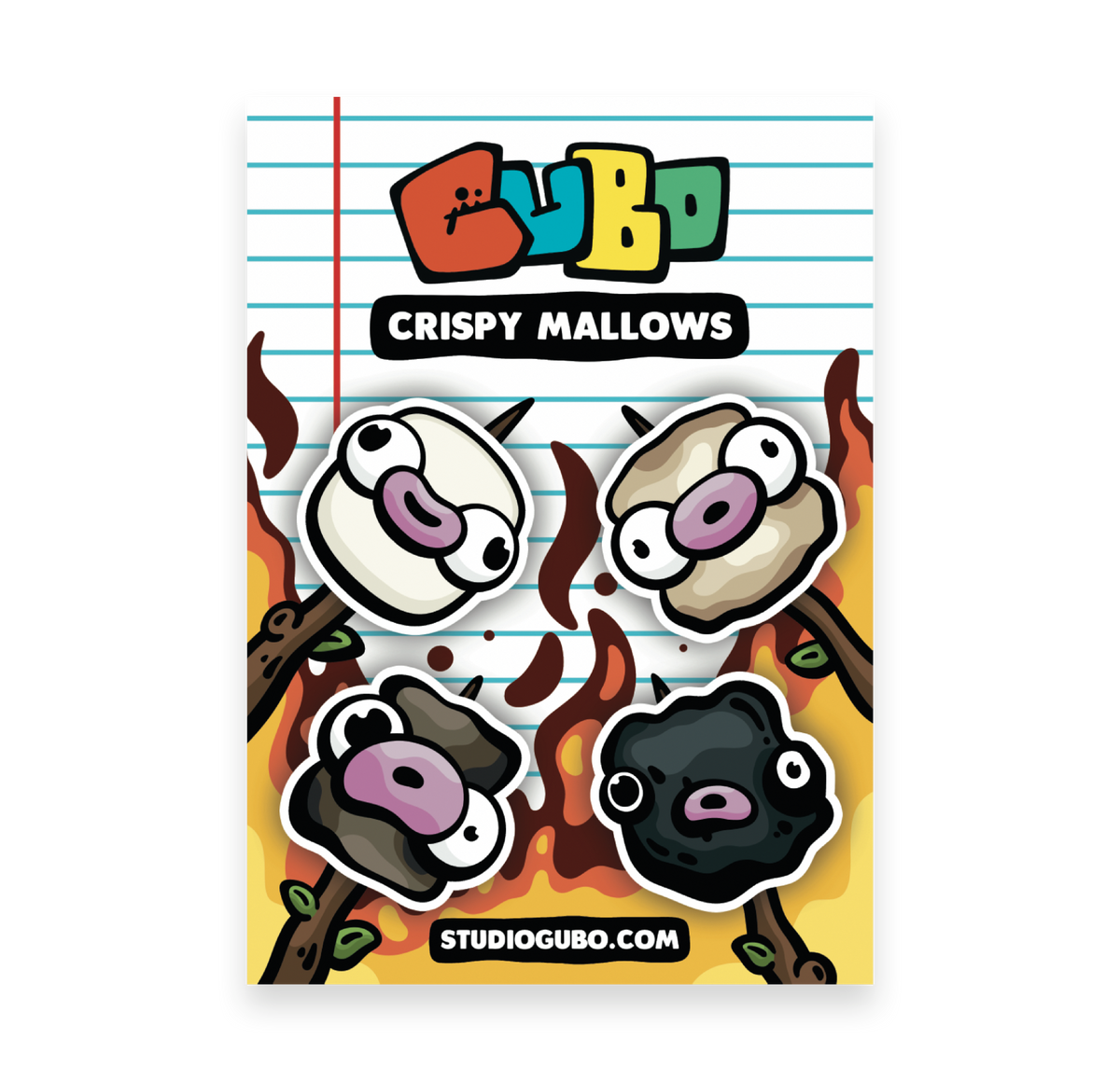 Crispy Mallows sticker sheet with four marshmallow characters from natural to scorched