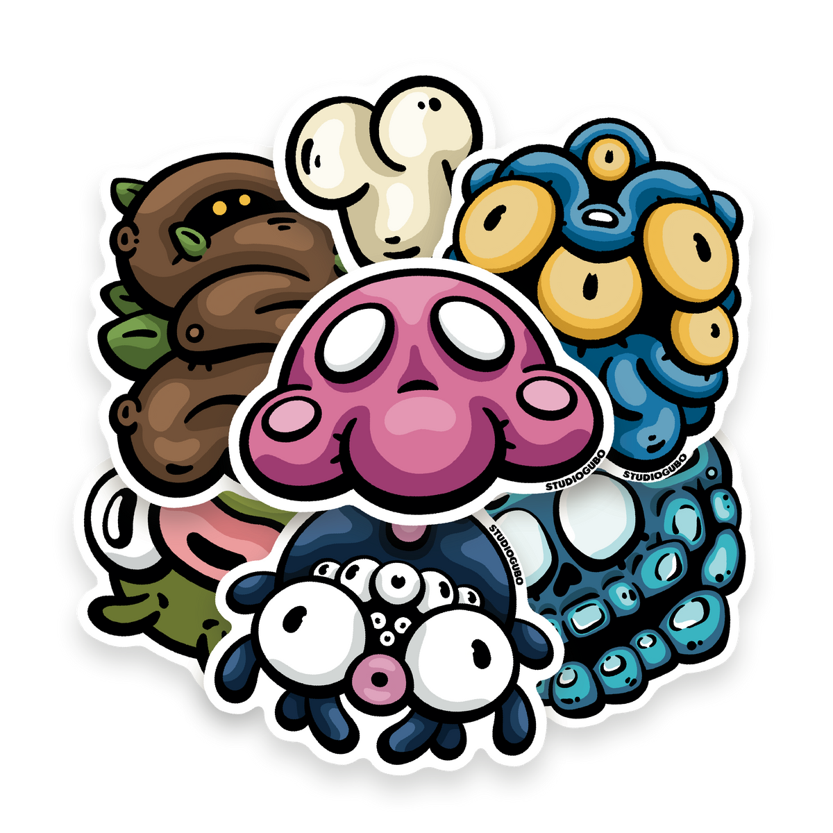 Shop original creepy cute vinyl stickers featuring hand drawn creatures. High quality stickers by Gubo for collectors and art lovers.