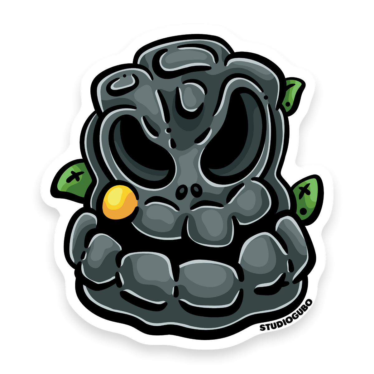 Bedrock - grey ancient carved stone mask character sticker with orange gem and green leaves