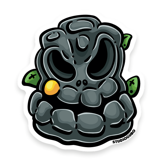 Bedrock - grey ancient carved stone mask character sticker with orange gem and green leaves