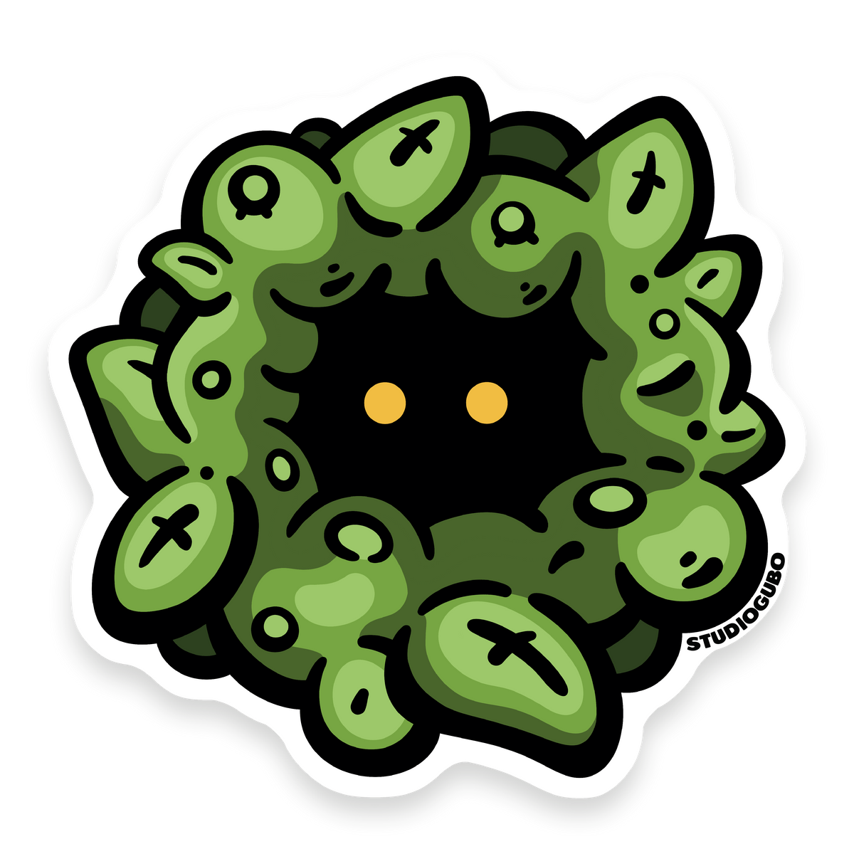 Bush Lurker - green leafy creature character sticker with glowing yellow eyes