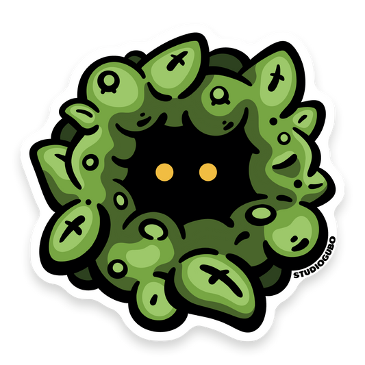 Bush Lurker - green leafy creature character sticker with glowing yellow eyes