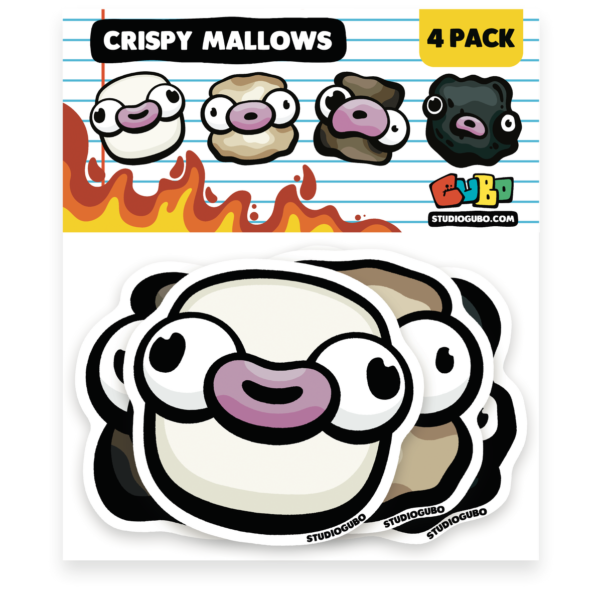 Crispy Mallows sticker pack with four marshmallow characters from natural to scorched