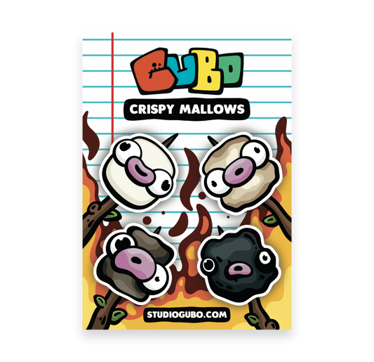 Crispy Mallows sticker sheet with four marshmallow characters from natural to scorched