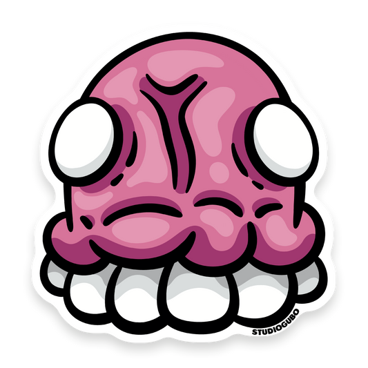 Eik - pink squashed creature character sticker with wide eyes and teeth