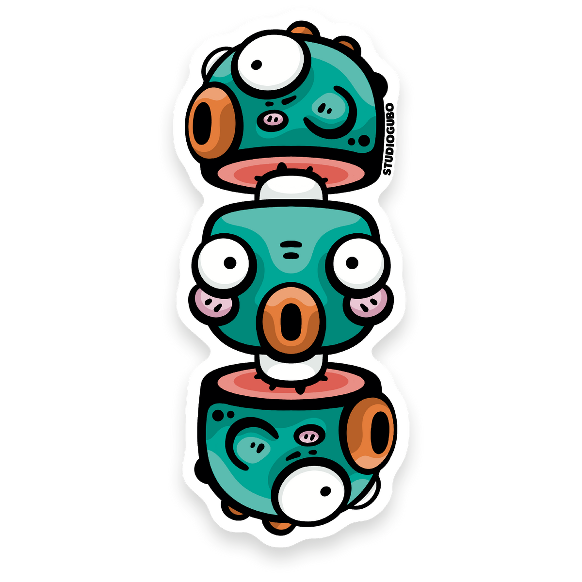 Fishstick - teal three headed stacked fish totem character sticker