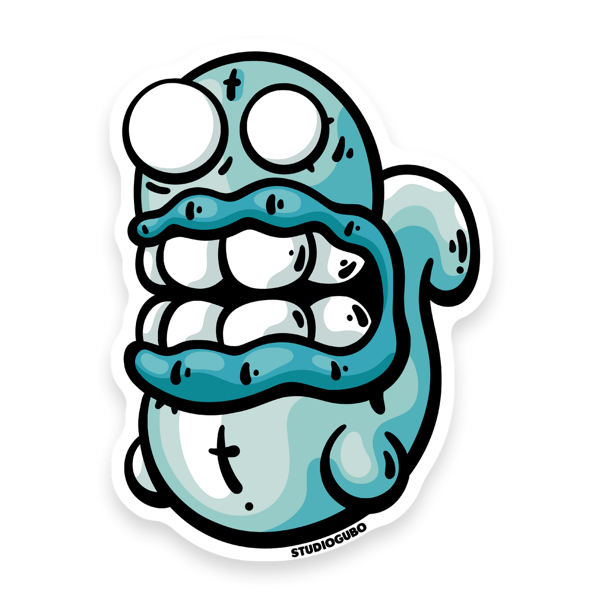 Ghosty - teal ghost character sticker with wide toothy grin