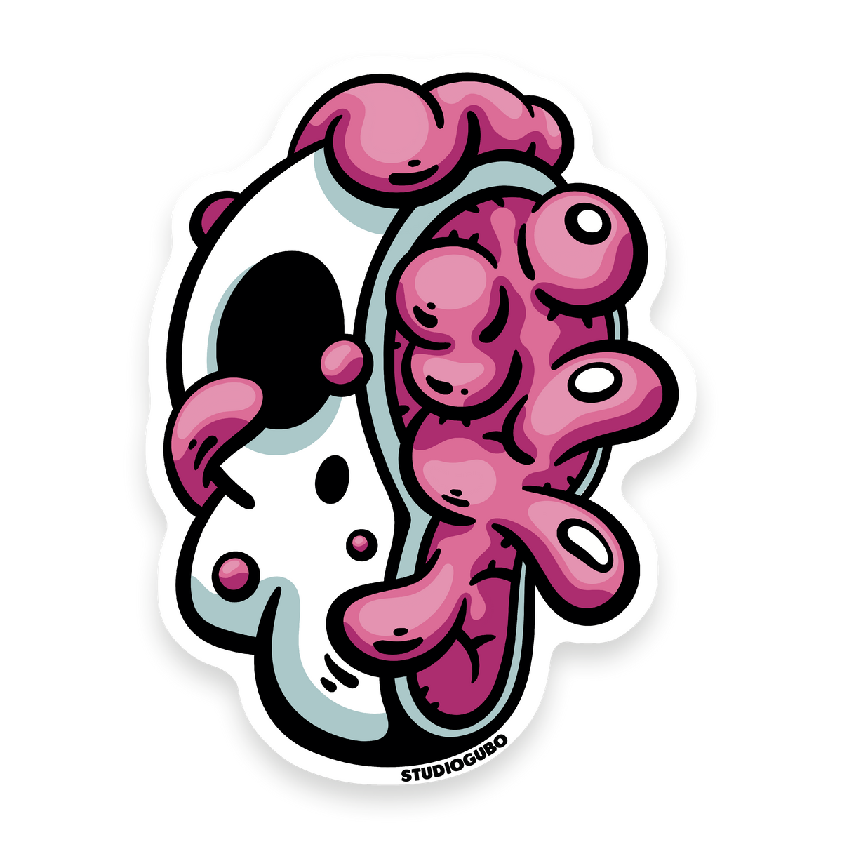 Goob - split skull character sticker, half white bone and half pink brain