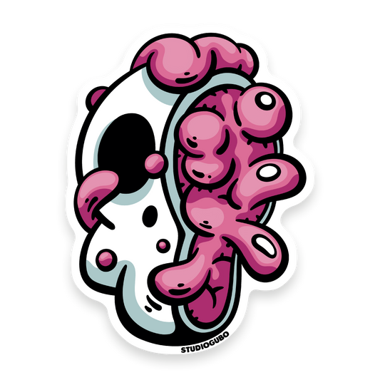 Goob - split skull character sticker, half white bone and half pink brain