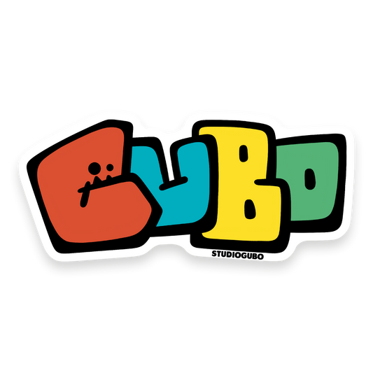Gubo text logo sticker with red, blue, yellow and green bubble letters