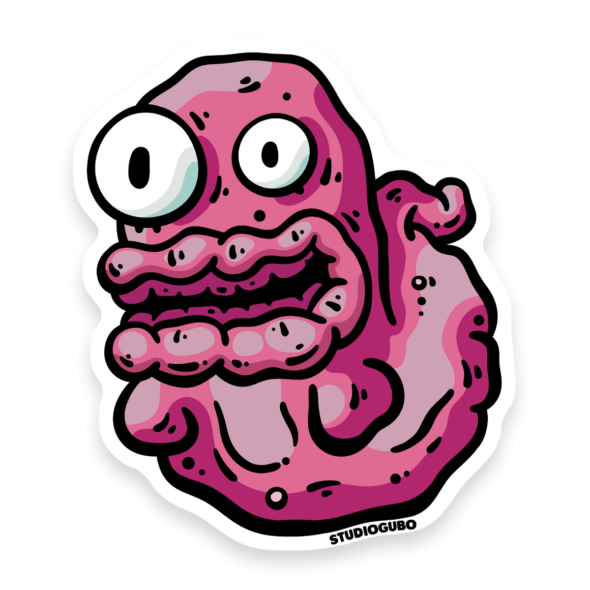 Gut Crawler - pink creature character sticker with mismatched wide eyes