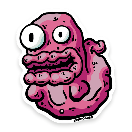Gut Crawler - pink creature character sticker with mismatched wide eyes