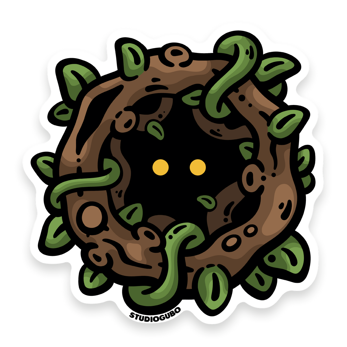 Oak Crawler - brown twisted oak branch character sticker with glowing yellow eyes