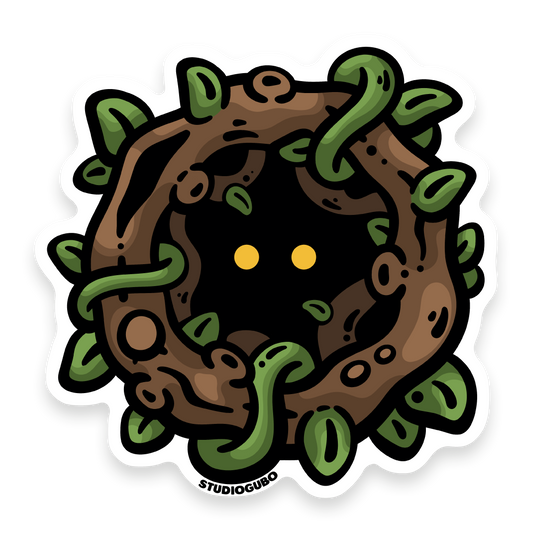 Oak Crawler - brown twisted oak branch character sticker with glowing yellow eyes