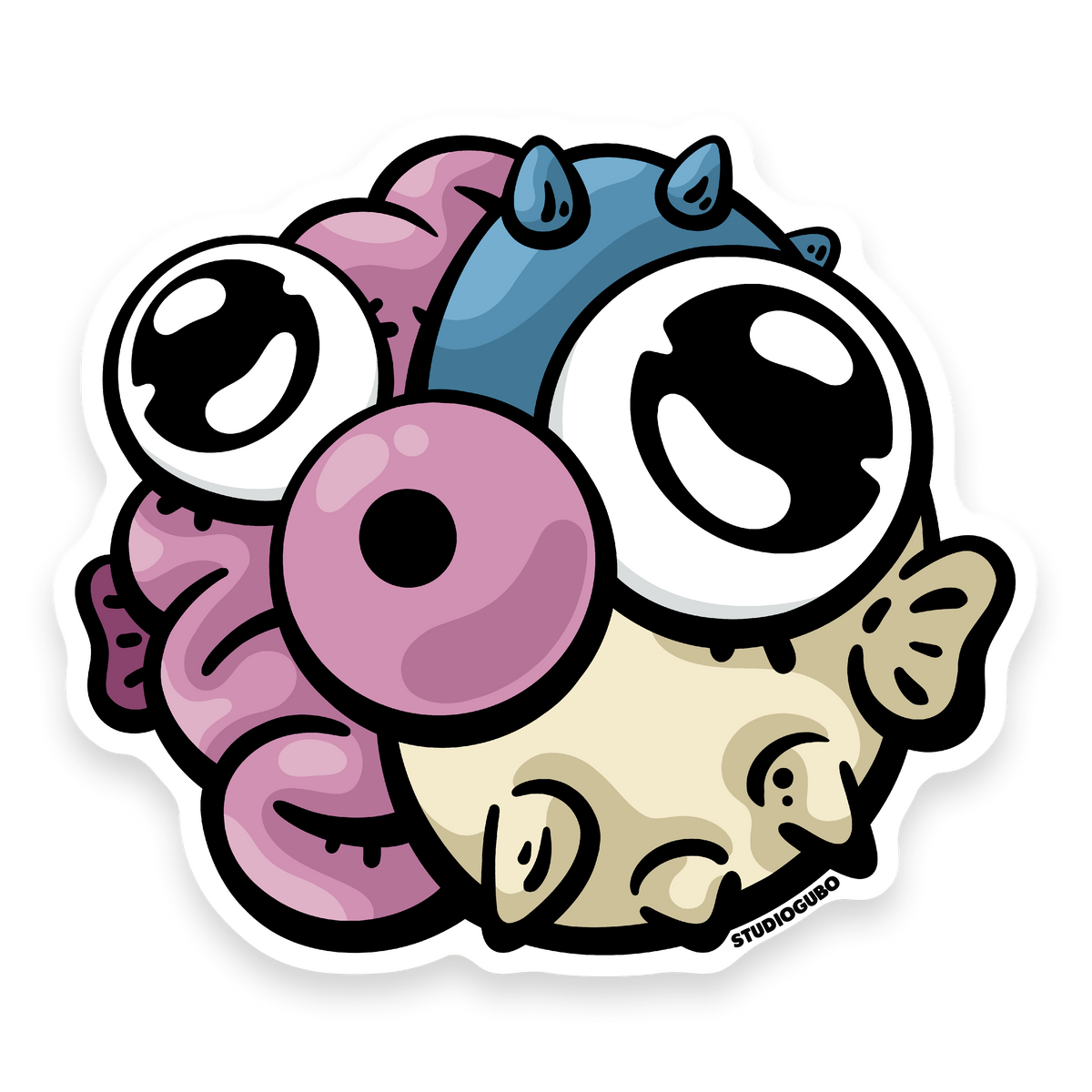 Puff - pink and blue pufferfish character sticker with exposed guts