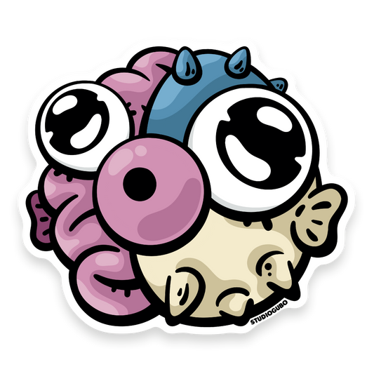 Puff - pink and blue pufferfish character sticker with exposed guts