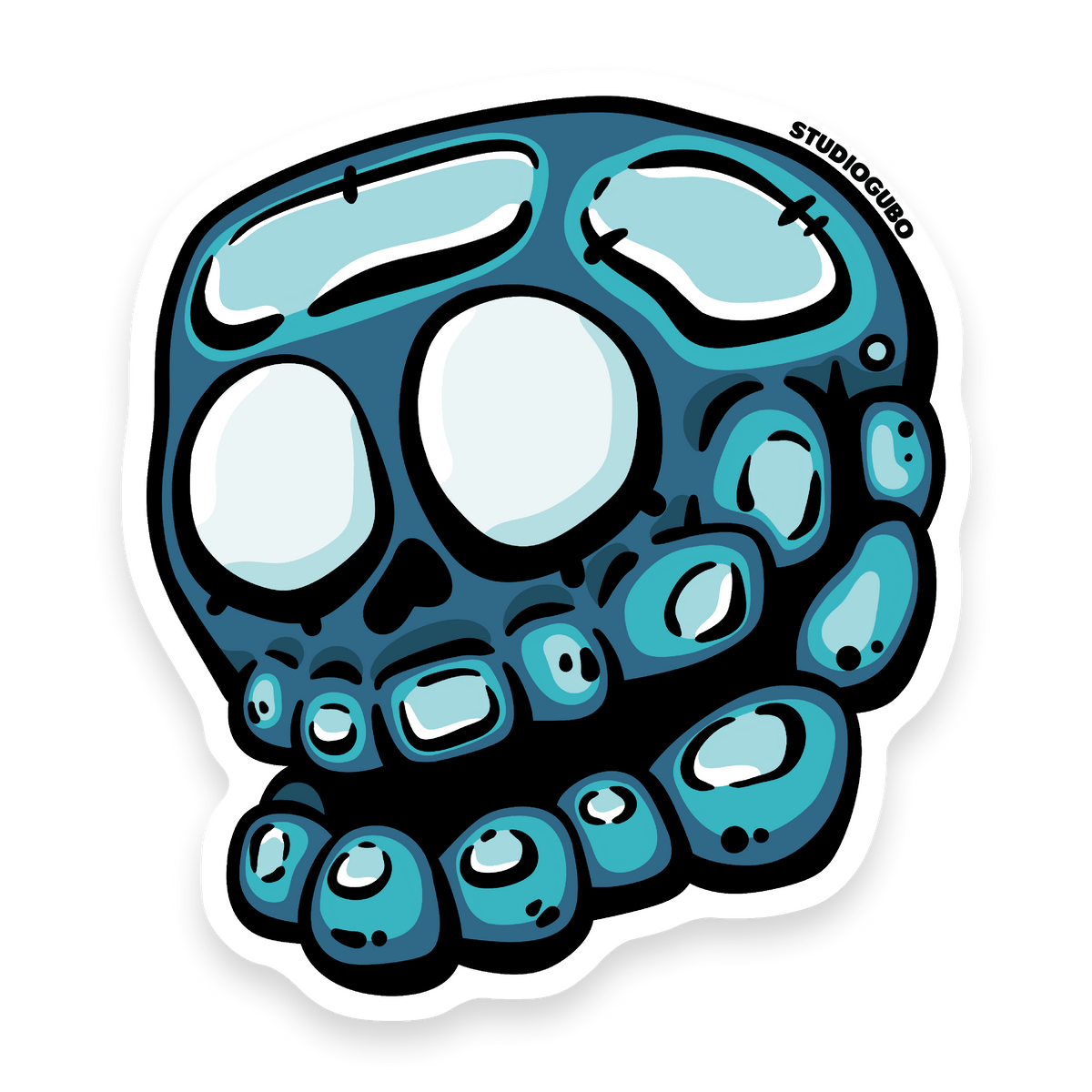 Ray - translucent blue X-ray skull character sticker with grinning teeth