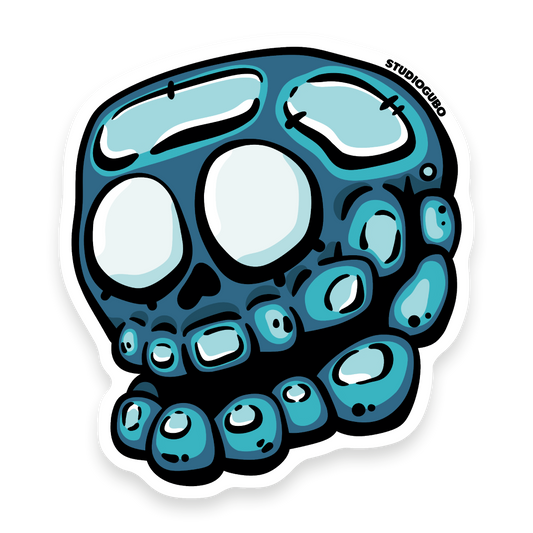 Ray - translucent blue X-ray skull character sticker with grinning teeth