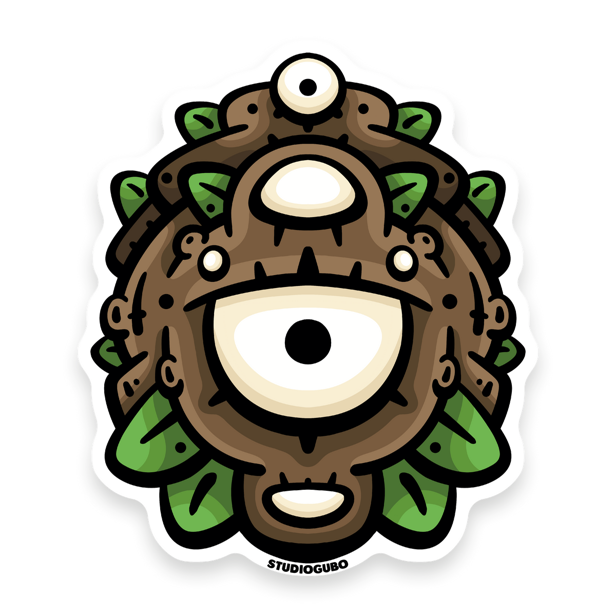 Sight - brown carved wooden relic character sticker with two eyes and green leaves