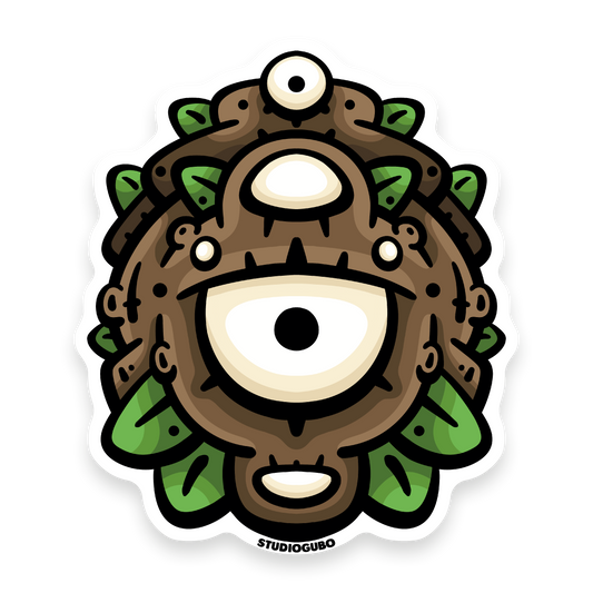 Sight - brown carved wooden relic character sticker with two eyes and green leaves
