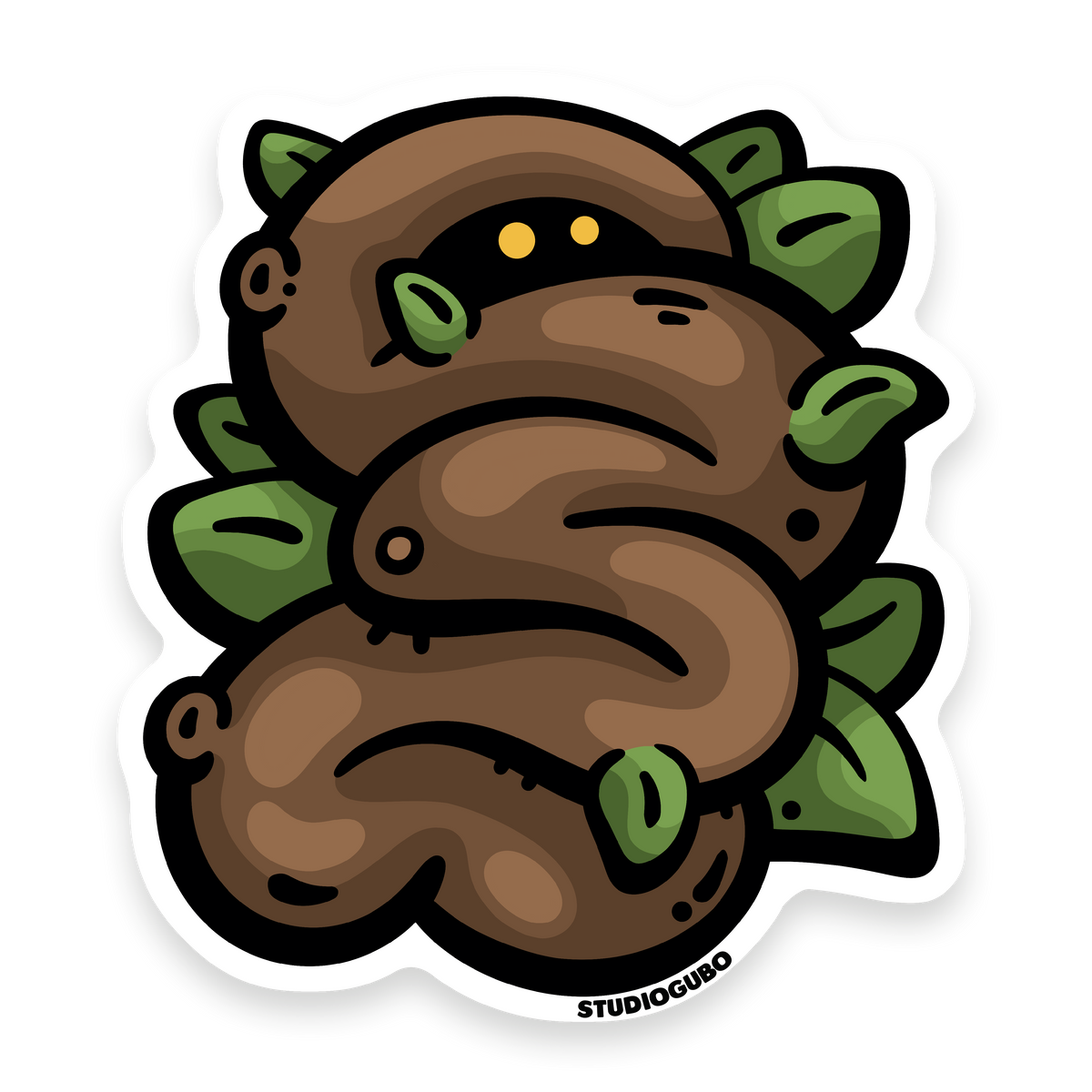 Sus Trunk - brown tree stump character sticker with glowing yellow eyes and green leaves