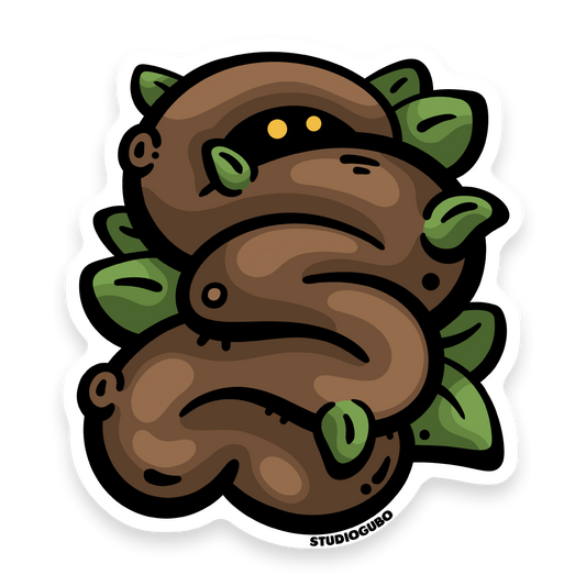 Sus Trunk - brown tree stump character sticker with glowing yellow eyes and green leaves
