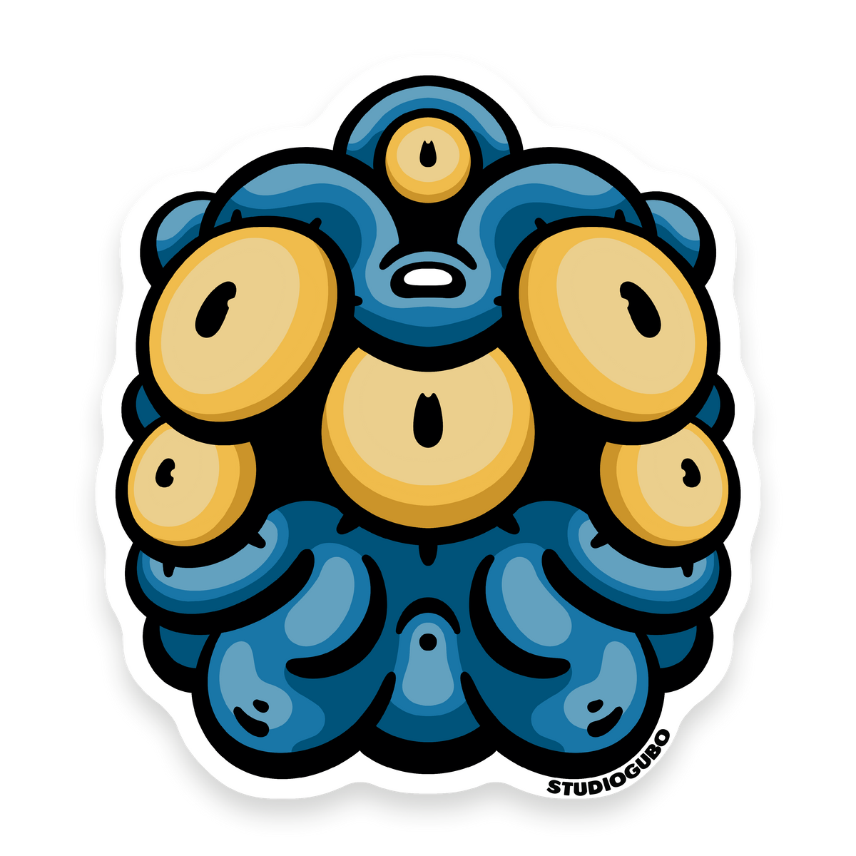 Tangled - blue knotted creature sticker with multiple yellow eyes