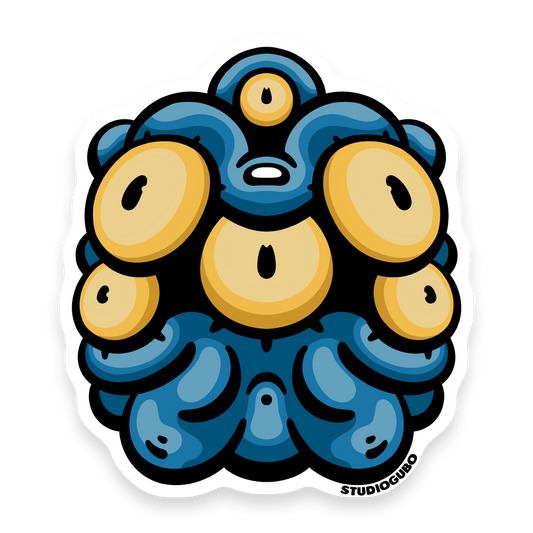 Tangled - blue knotted creature sticker with multiple yellow eyes