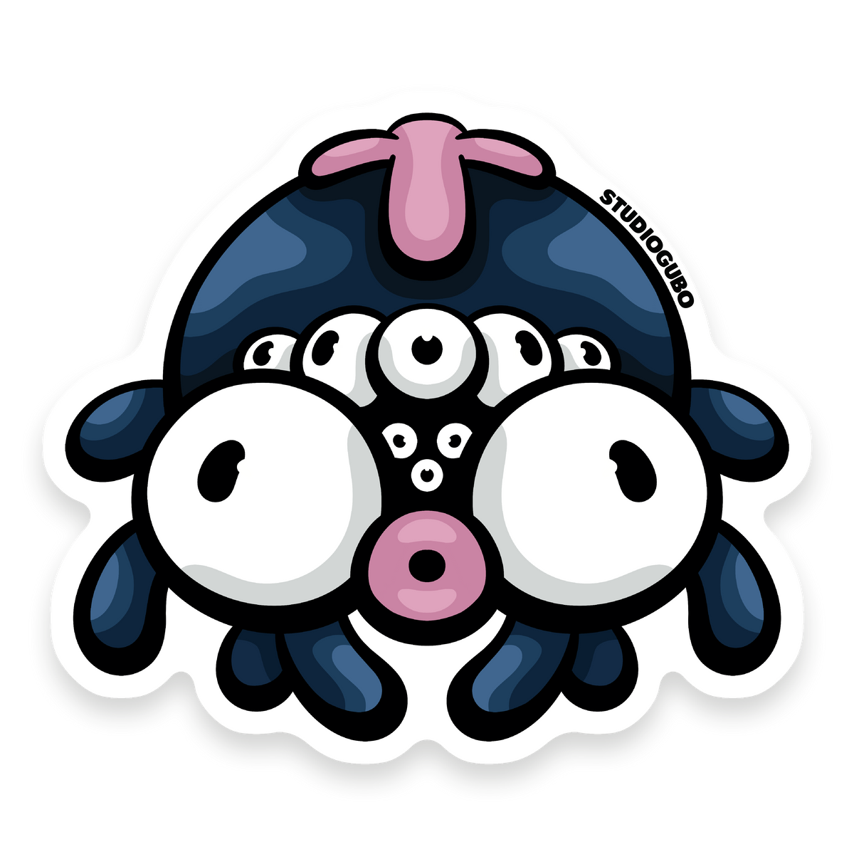 Webby - navy blue spider character sticker with many white eyes and pink mouth