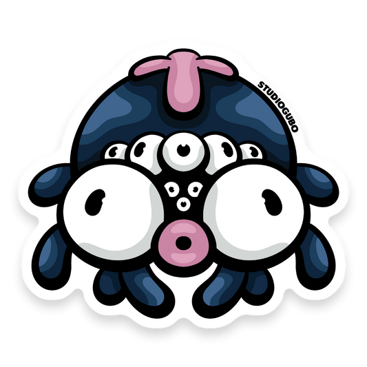 Webby - navy blue spider character sticker with many white eyes and pink mouth